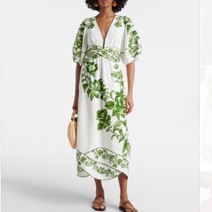 FARM RIO Blue Yard linen-blend midi dress